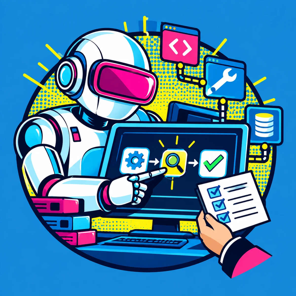 AI robot reviewing a testing workflow with connected tools and a human-held checklist