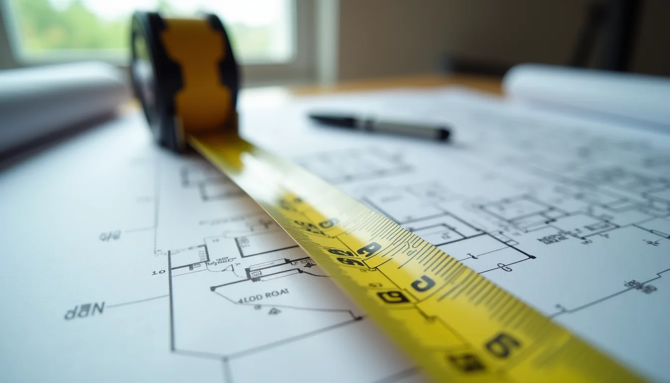 Eye-level view of a measuring tape laid on architectural plans
