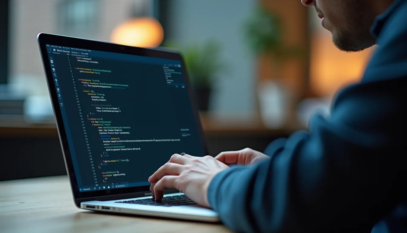 Close-up view of a software tester reviewing code on a laptop
