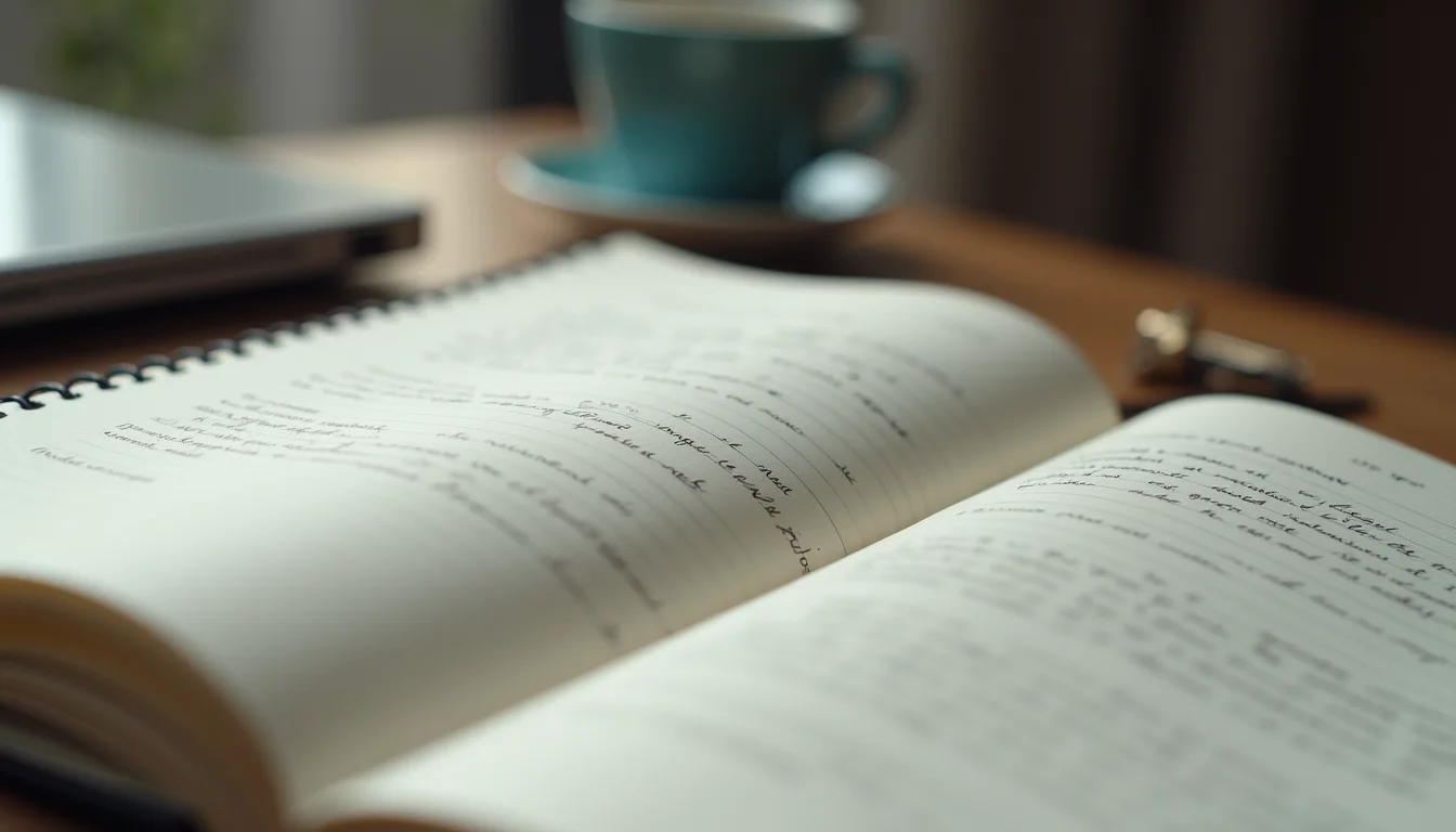 Close-up view of an open notebook with handwritten notes